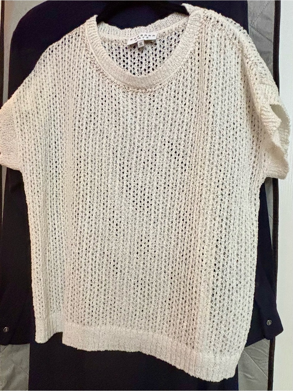 Light Cream Open-Knit Short Sleeve Sweater with Gold Accents